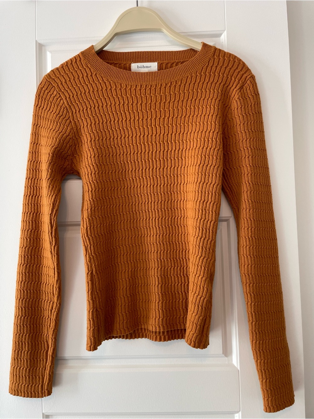 bohme Textured Ribbed Long-Sleeve Crewneck Sweater in Burnt Orange